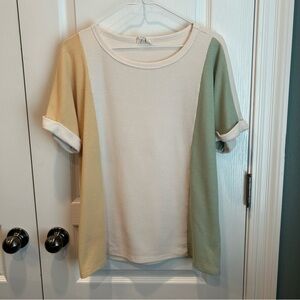 BiBi Women’s Cream/Sage/Straw Colored Textured Waffle Knit Short Sleeve Top LG